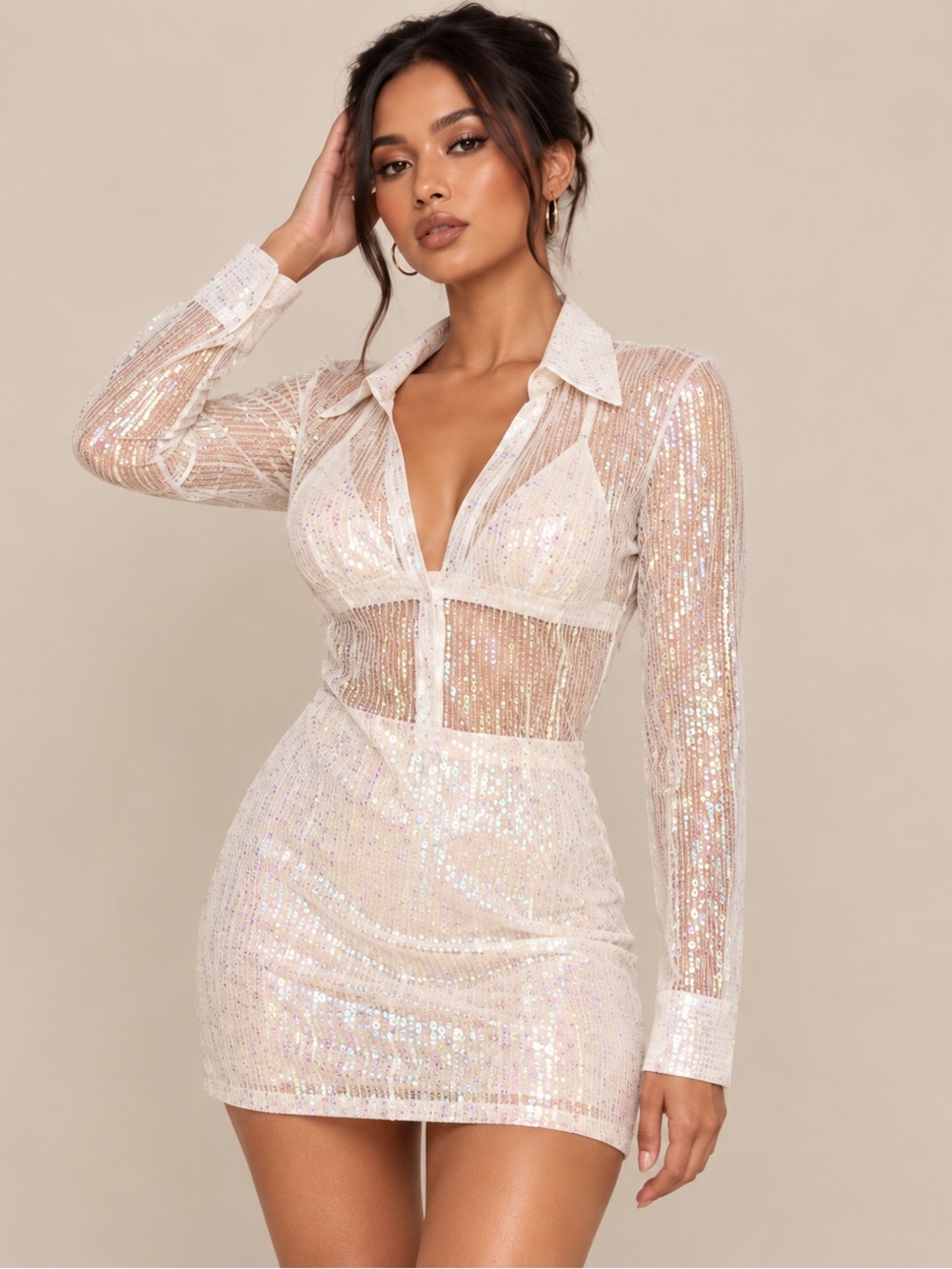 Missguided White Iridescent Sequin Mini Dress + Bralette Set